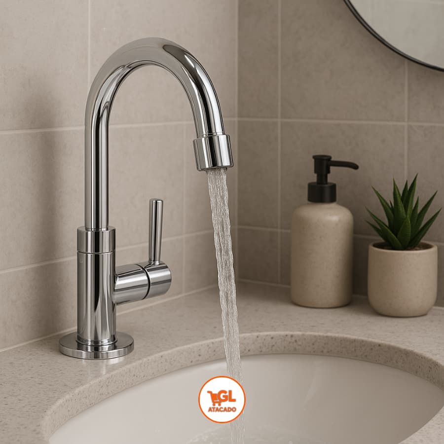 Torneira de banheiro cromada com água fluindo, lavatório branco, azulejos bege, design moderno