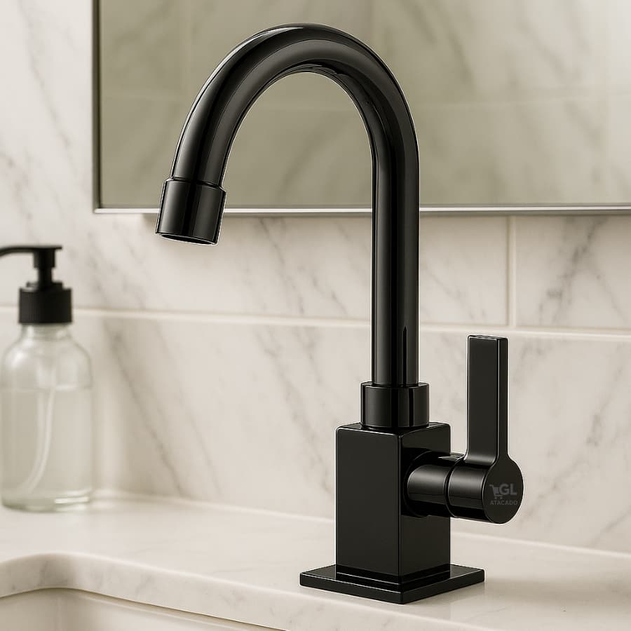 Torneira de banheiro preta moderna com design elegante em lavatório de mármore branco