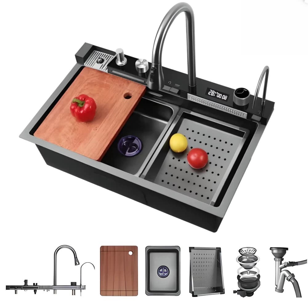 Kit Cuba Cozinha Gourmet Luxo CInza Escuro Aço Inox Com Acessórios Conjunto De Torneiras Gourmet 75×46CM