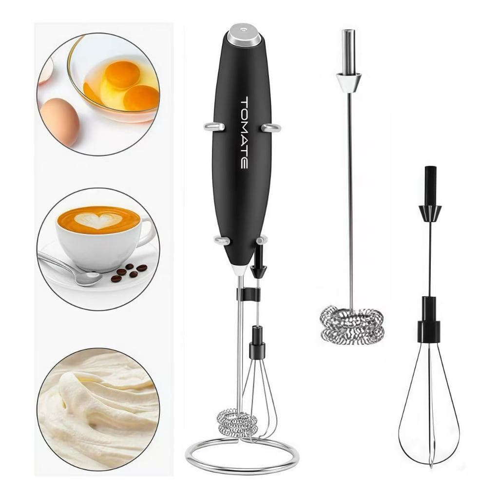 Mini mixer portátil preto com acessórios para bater claras de ovos, leite e café