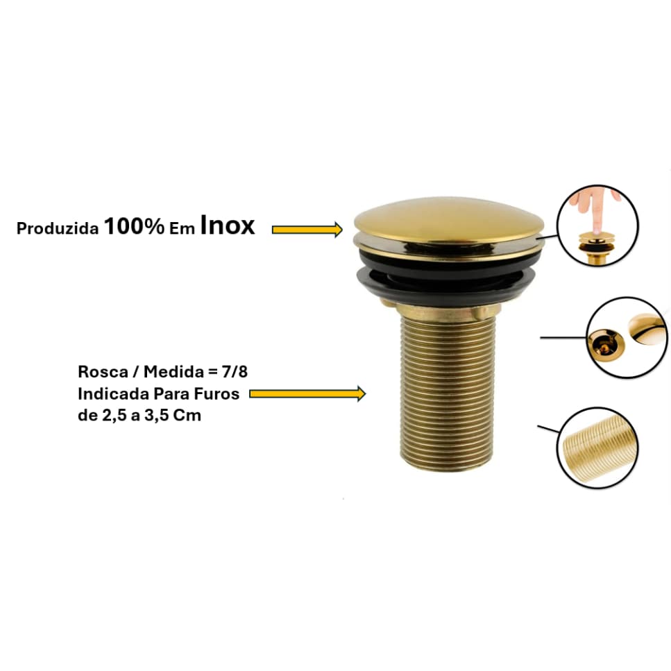 Valvula Clic De Inox Gold, Valvula Clic 100 % Inox Dourada, Ralinho Pia, Valvula Cuba De Apoio