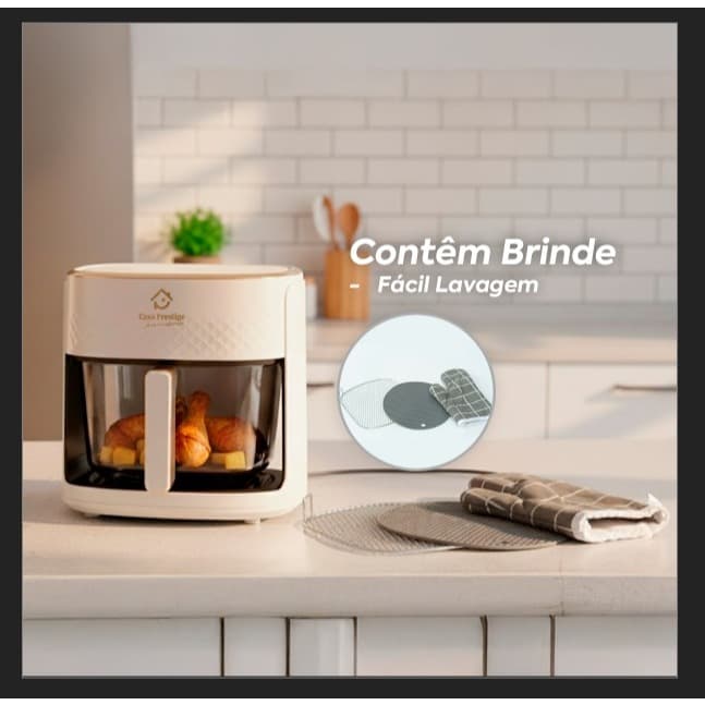Forno Elétrico Saudavel Fritadeira Sem Óleo Visor em Vidro Branca e Rose Gold 4,5L Clean Com Brinde