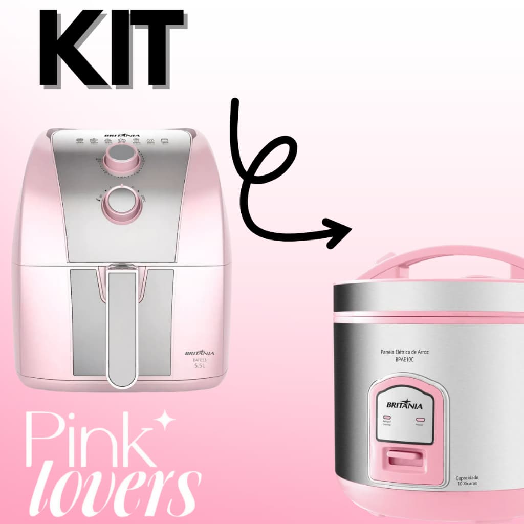 Kit Rosa Panela De Arroz 10 Xicaras E Air Fryer 5L Britania 220V Antiaderente