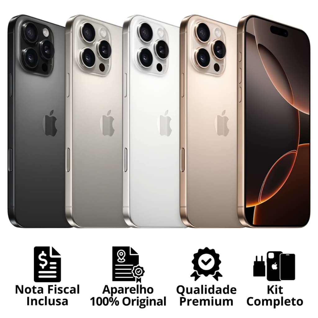 iPhone 16 / 16 Plus / 16 Pro / 16 Pro Max Apple Original Seminovo Vitrine Bateria 85% a 100% NF + Carregador + Película