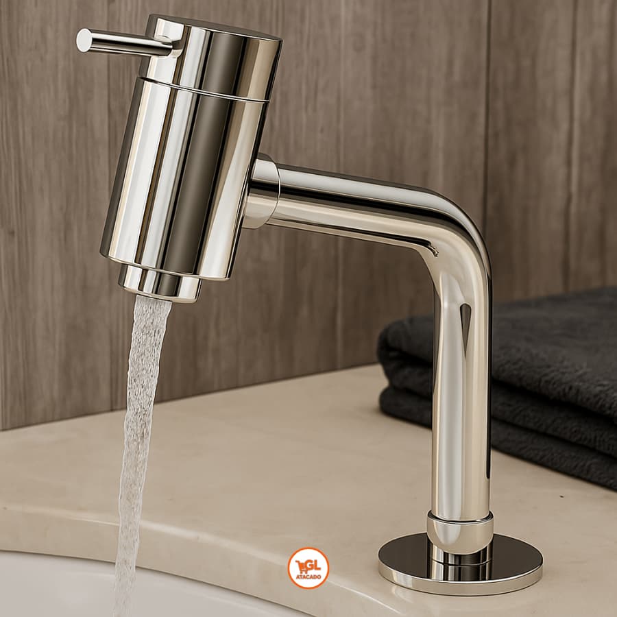 Torneira de banheiro de metal cromado moderna, com bico único e design elegante, em um lavatório branco contra uma parede de madeira.