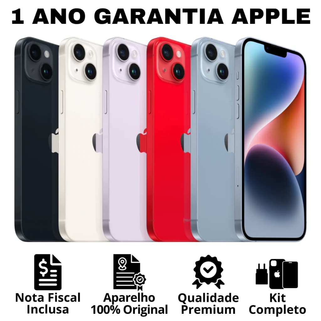 Celular iPhone 14 Plus (128GB) (256GB) 100% Original Apple Novo Lacrado NF Garantia Apple 1 Ano Chip Virtual