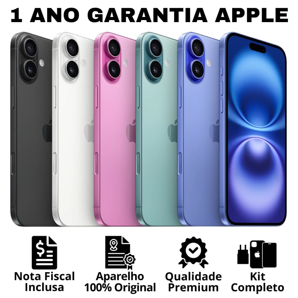 Celular iPhone 16 e 16 Plus (128GB) (256GB) 100% Original Apple Novo Lacrado NF Garantia Apple 1 Ano Chip Virtual