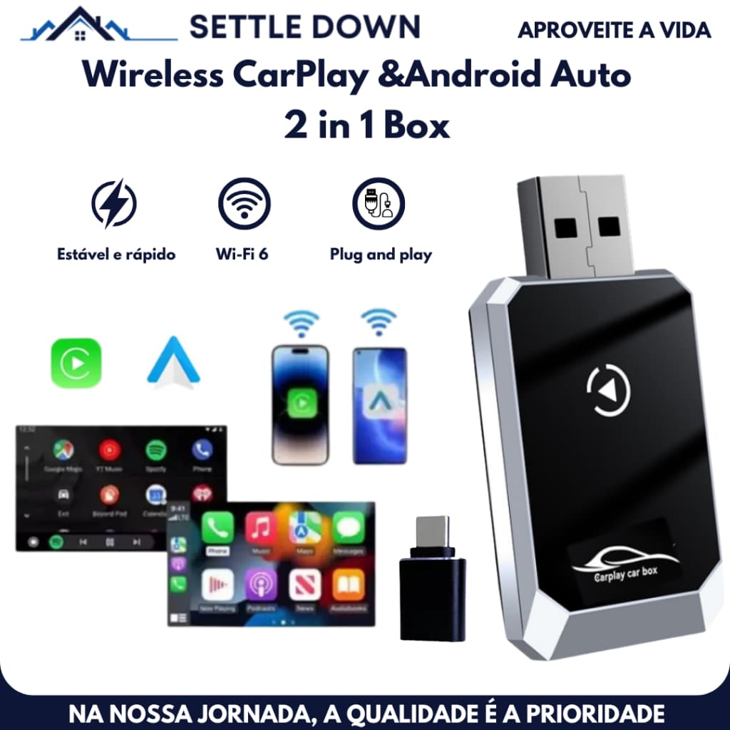 Adaptador Carplay Sem Fio 2-em-1 + Android Auto - Conexão Automática e Instalação Imediata