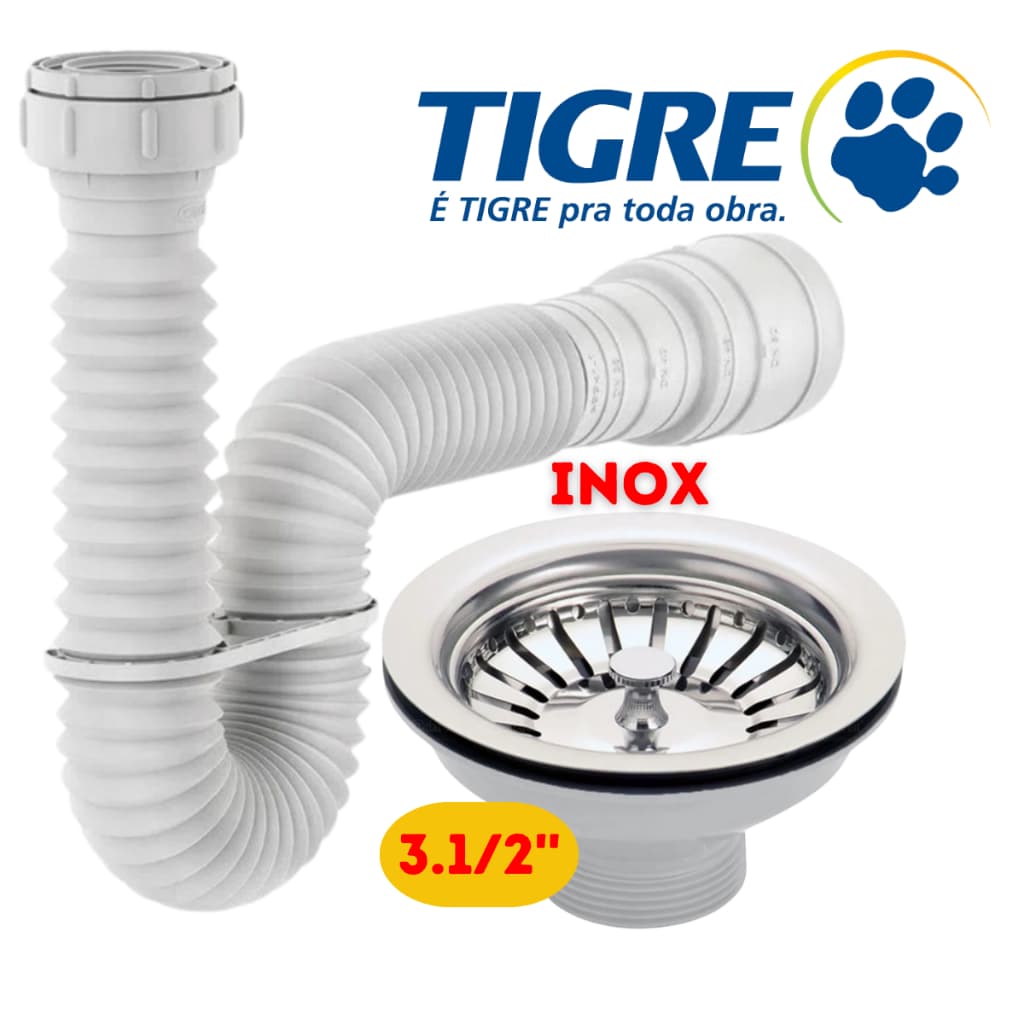 Sifão Flexível Tigre + Válvula Pia Gourmet Válvula Cozinha 3.1/2'' em Aço Inox Válvula Cuba Gormet