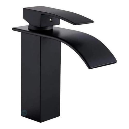 Torneira de banheiro preta moderna, design slim, monocomando, vista frontal.
