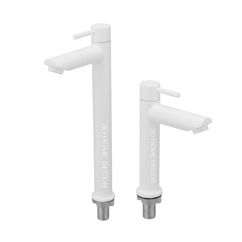 Torneira alta para cuba em aço inoxidável branca, moderna, com bico curvado e cabo de controle, fundo branco.