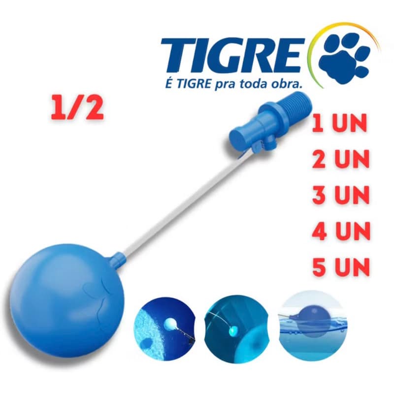 Torneira boia Tigre 3/4 para caixa d'água, boia azul, mecanismo em azul e branco, regulagem em 5 unidades.