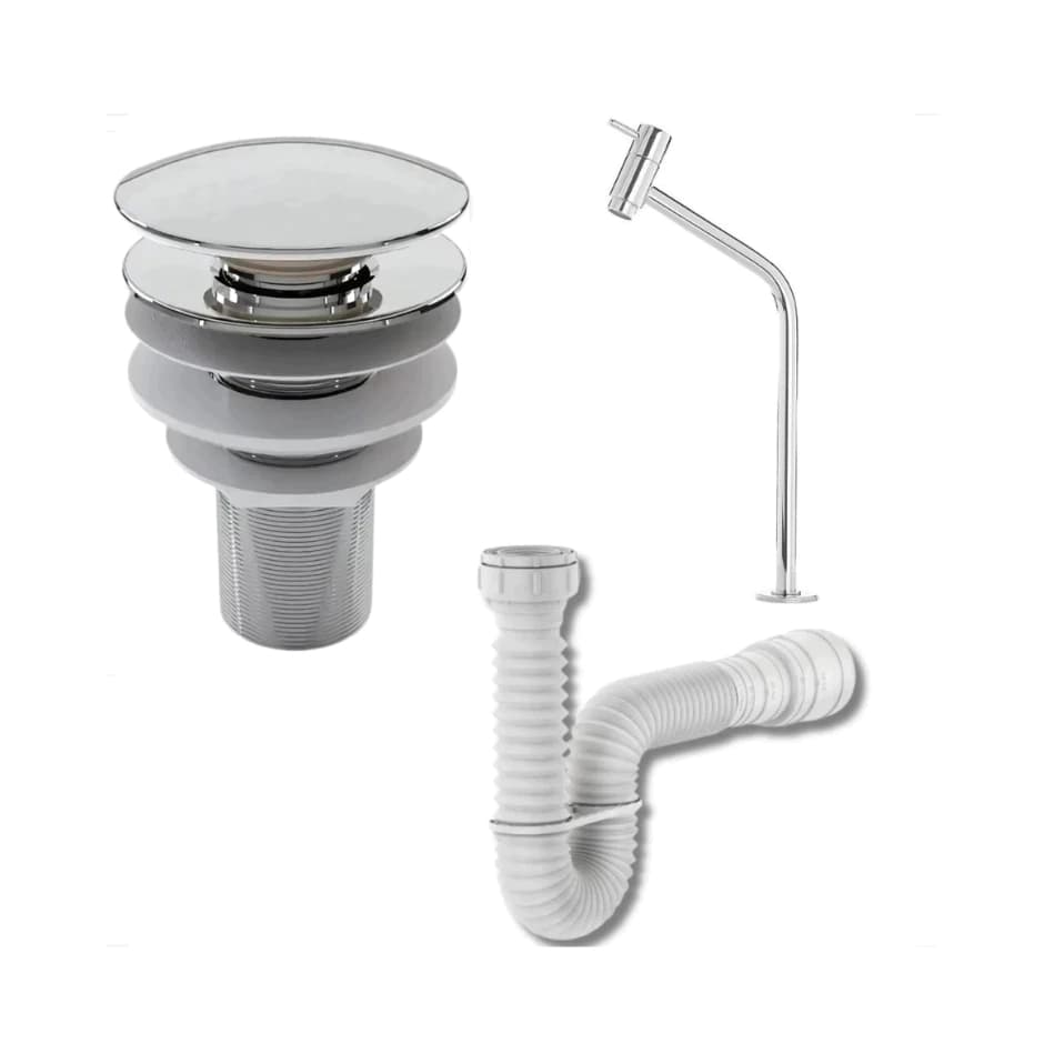 Kit Banheiro Cromado ABS com Torneira Link Bancada Cromada + Válvula Click 7/8 Cromada + Sifão Flexível Branco