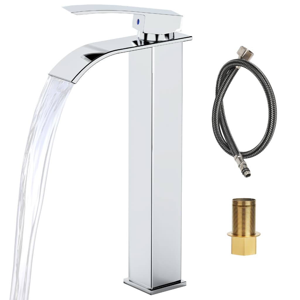 Torneira de banheiro em aço inoxidável 304 com bica alta e monocomando, em fundo branco.
