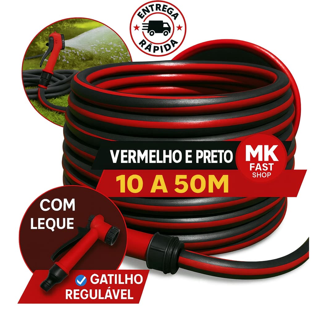 Mangueira de jardim vermelho e preto 50m com esguicho e gatinho regulável