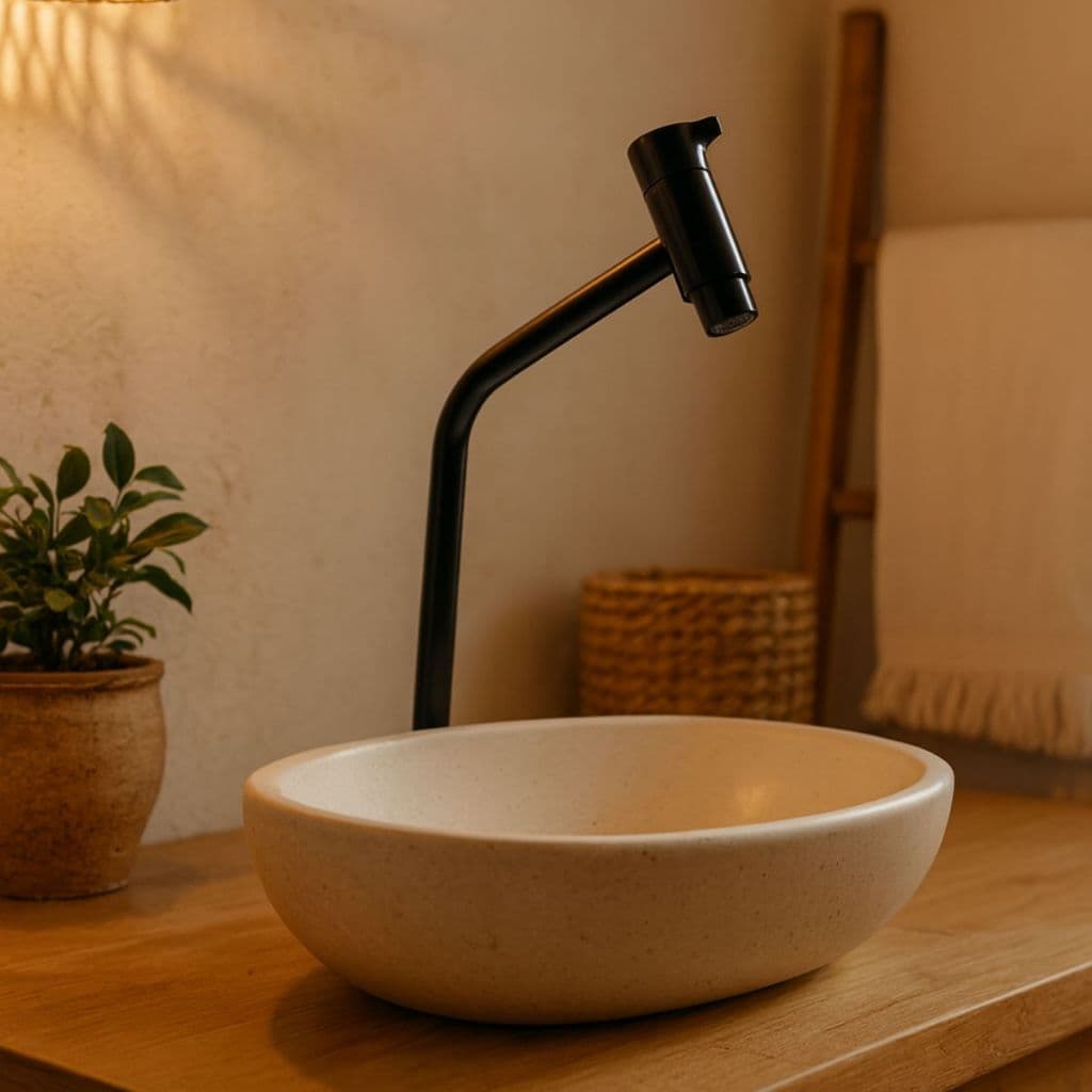 Torneira de lavabo preta minimalista sobre cuba branca em banheiro