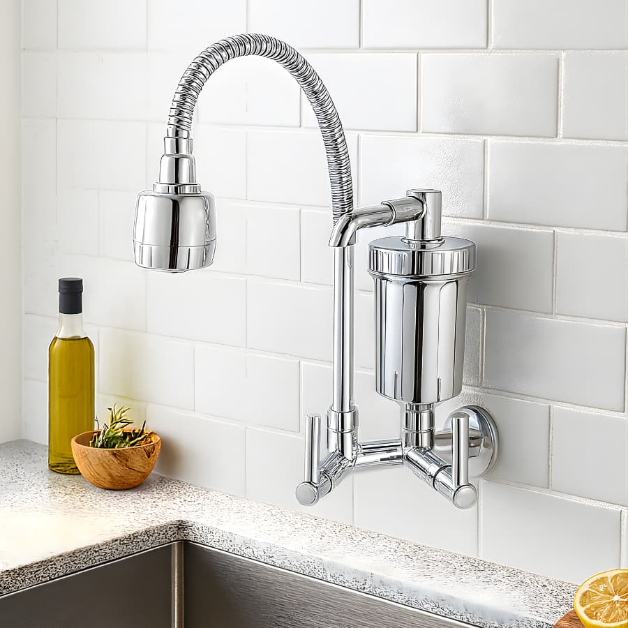Torneira de parede com filtro para cozinha em aço inoxidável com fundo de azulejos brancos
