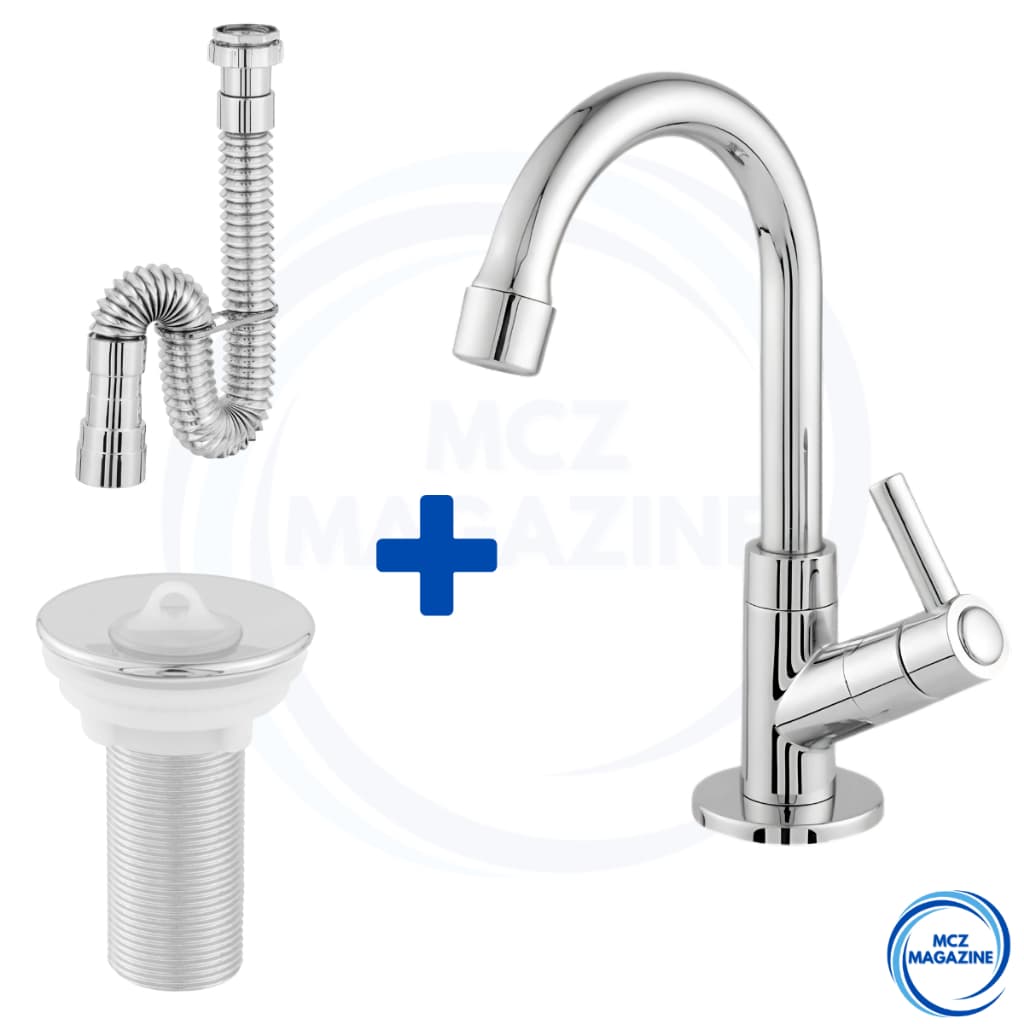 Kit de torneira cromada para pia de banheiro com válvula e sifão, fundo branco