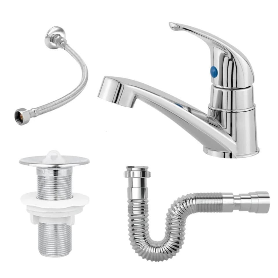 Kit torneira banheiro cromado com válvula 7/8, engate flexível e sifão