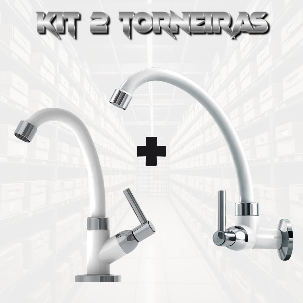 Kit com duas torneiras brancas para cozinha e banheiro, uma com design curvo e outra com design reto, fundo branco com texto KIT 2 TORNEIRAS.