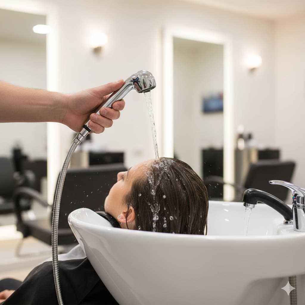 Torneira de aço inoxidável com mangueira para lavagem de cabelo em salão de beleza