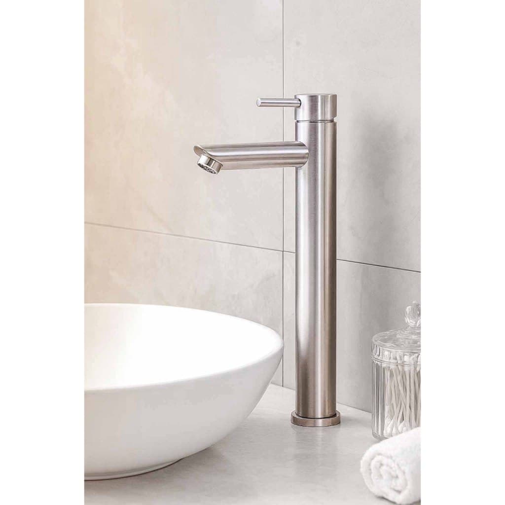 Torneira monocomando inox escovado para banheiro com bica alta
