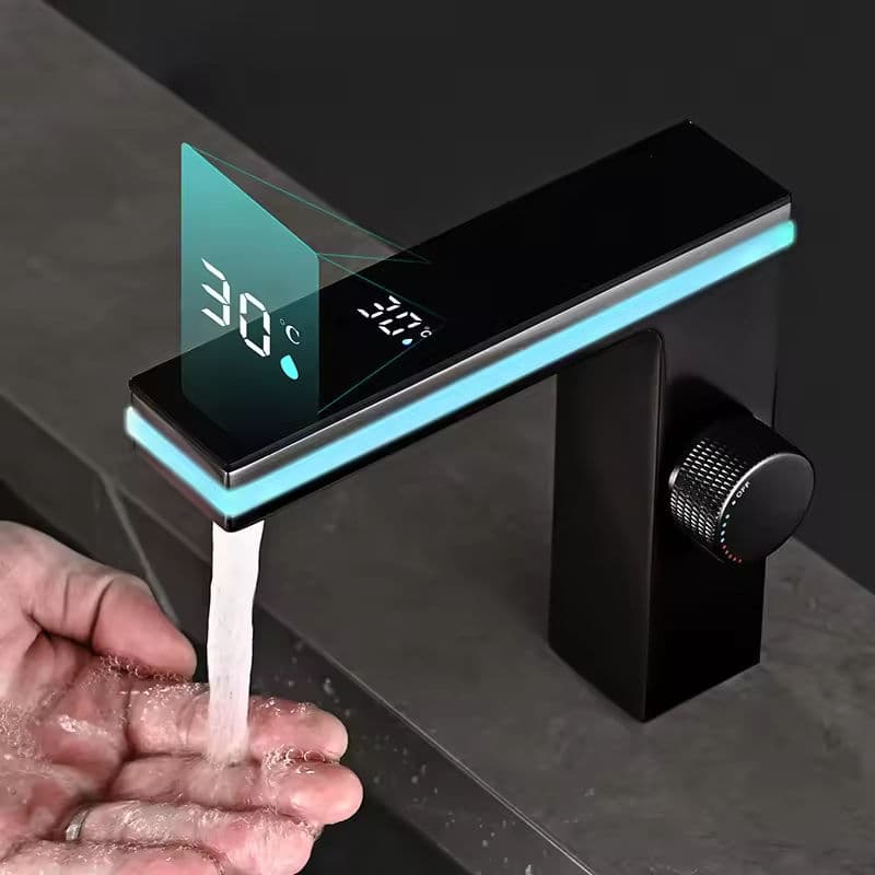 Torneira de banheiro com display digital e luz LED, preto e azul