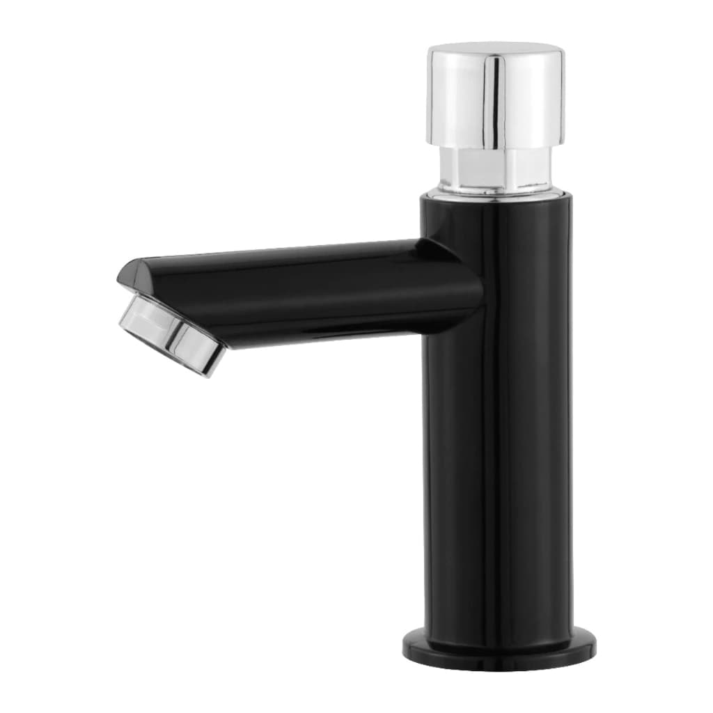 Torneira automática de banheiro preto e prata com fechamento automático