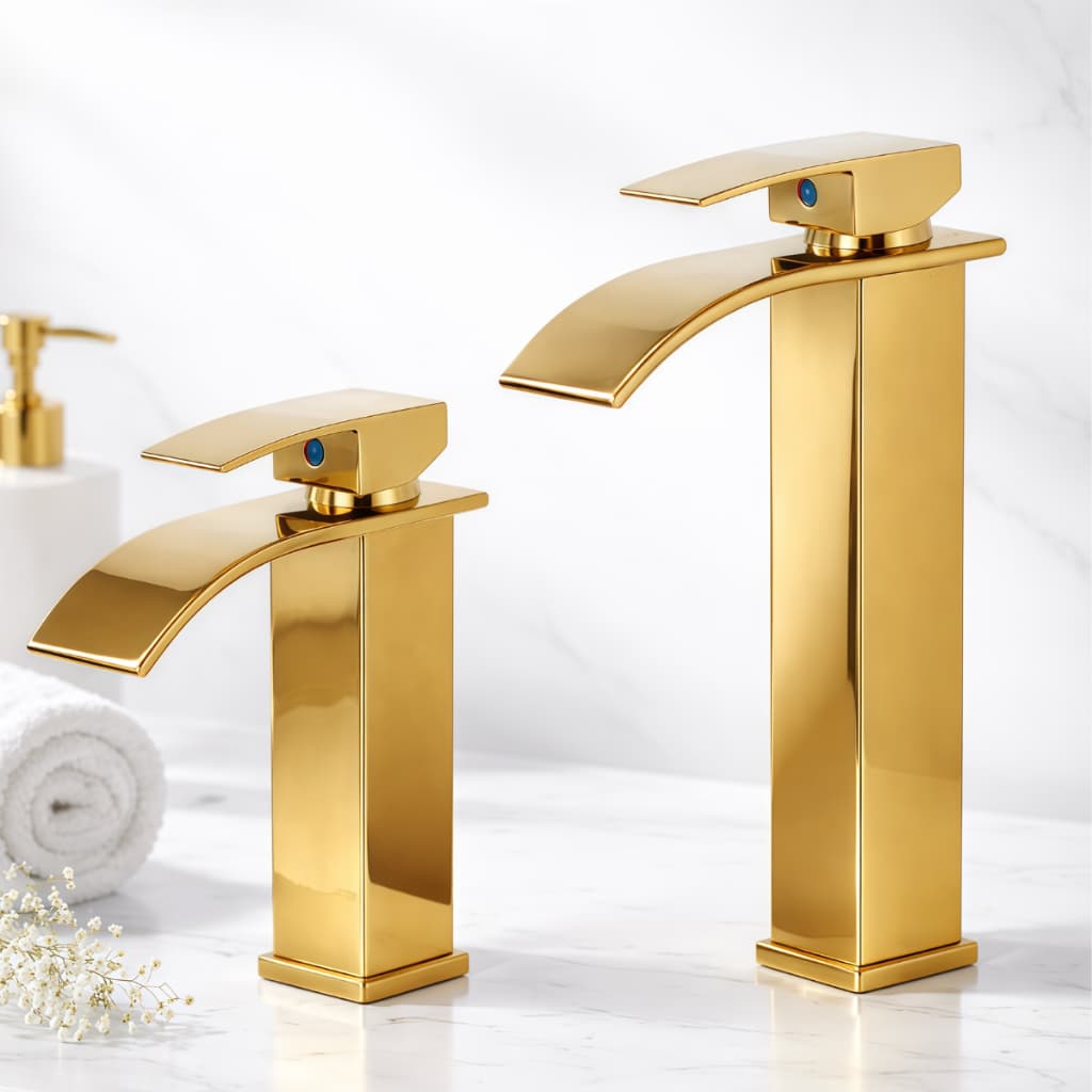 Torneiras monocomando em ouro para banheiro com design elegante e bica curva