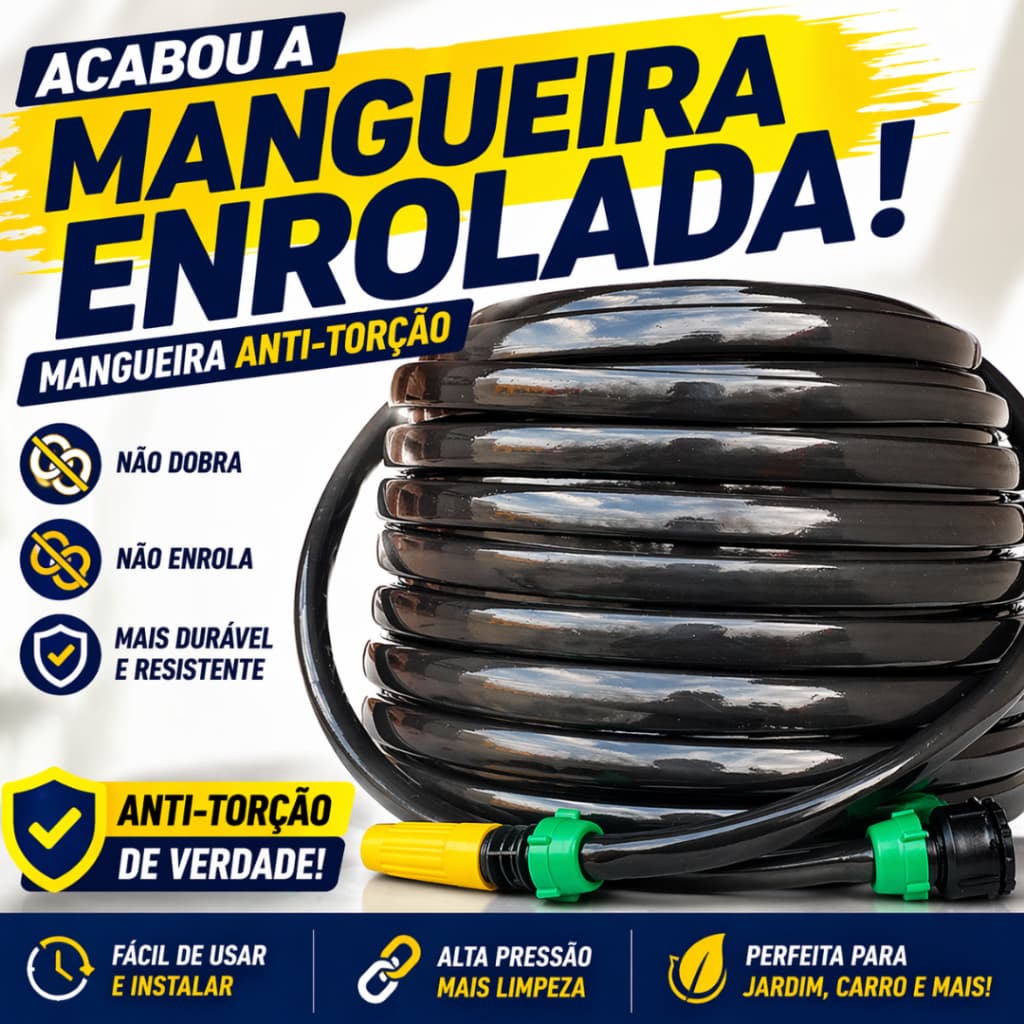Mangueira de jardim anti-torção preta, não dobra, não enrola, alta pressão, conectores verdes e amarelo