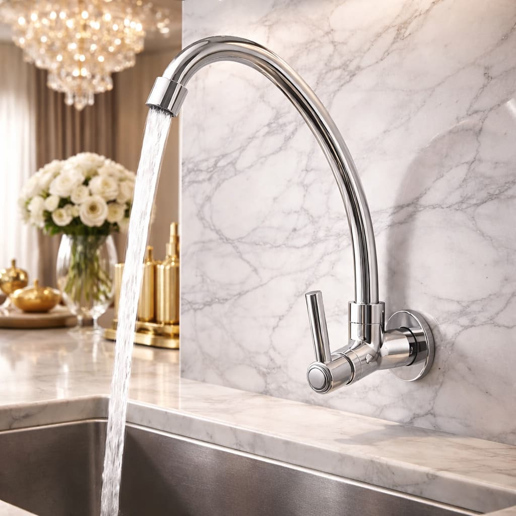 Torneira de cozinha em aço inoxidável com design moderno, fundo de mármore branco