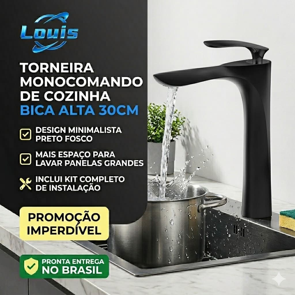Louis Torneira Monocomando Banheiro Bica Alta 30cm Prata e Preto