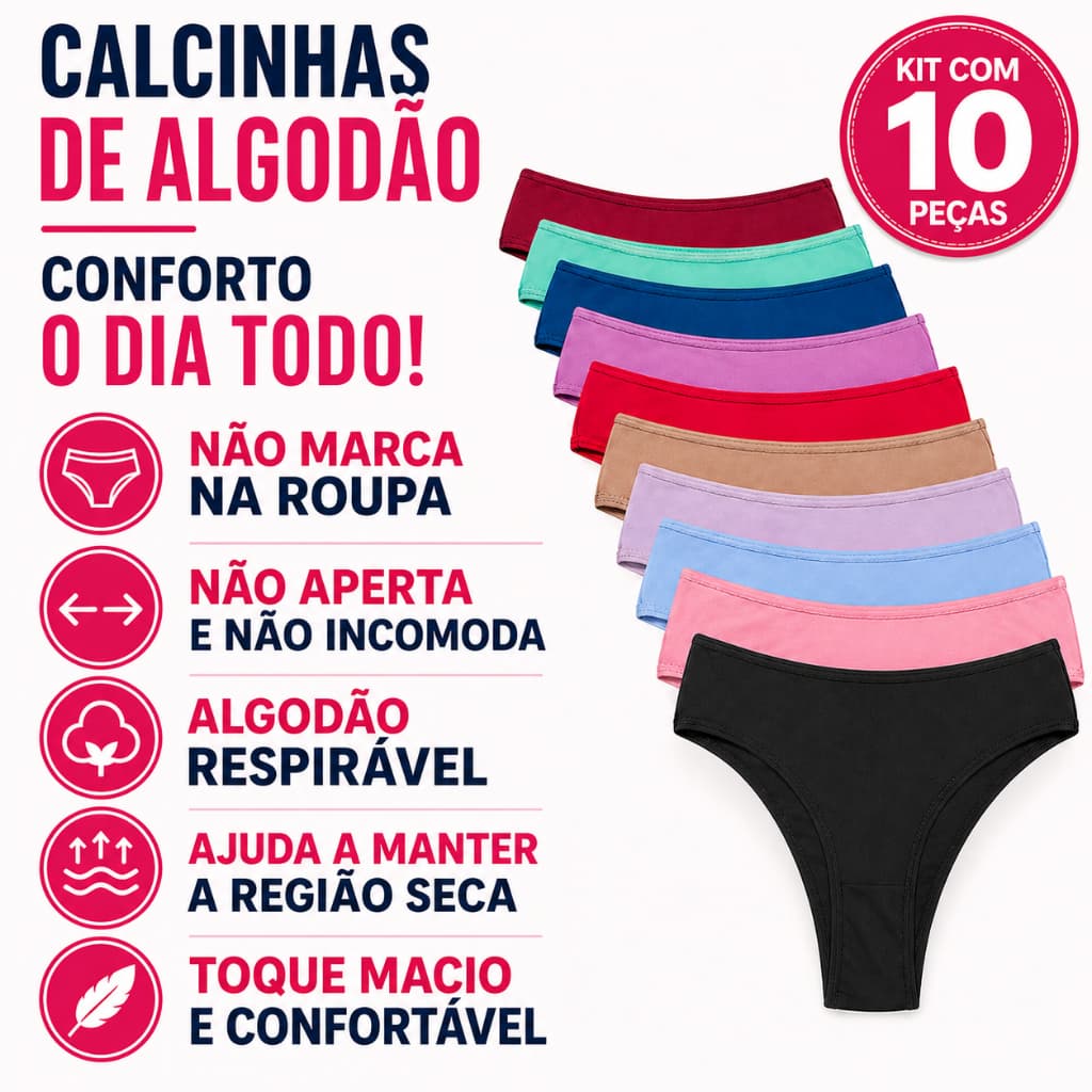 Kit Calcinha Feminina Algodão 5 e 10 Peças Confortável Não Marca Não Aperta Respirável Dia a Dia