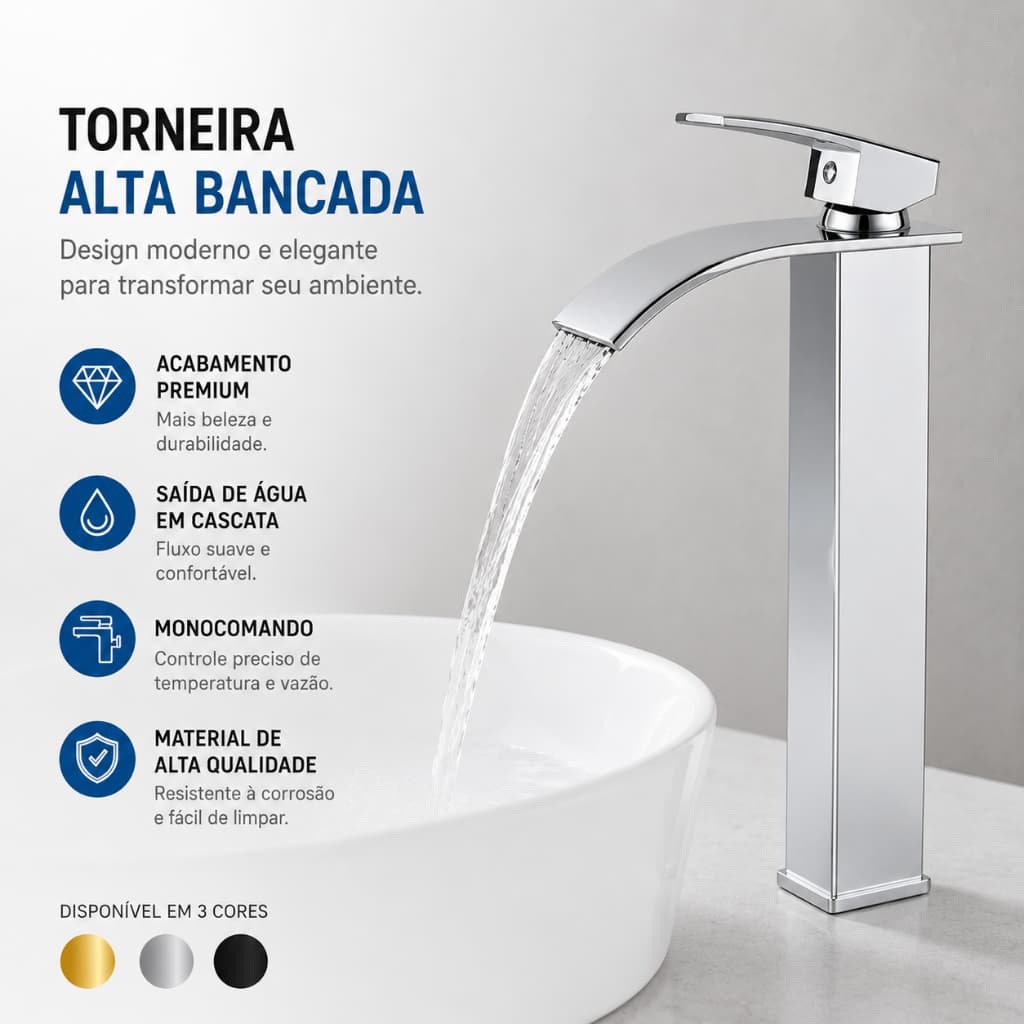 Torneira de bancada alta em aço inoxidável com controle de temperatura e vazão