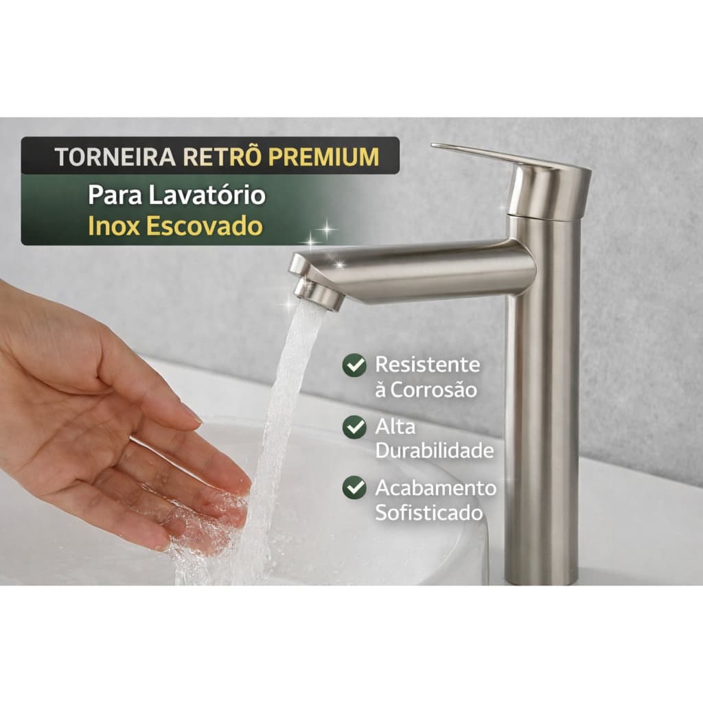 Torneira de lavatório retrô de mesa em aço inoxidável escovado, alta resistência, alta durabilidade, acabamento sofisticado.