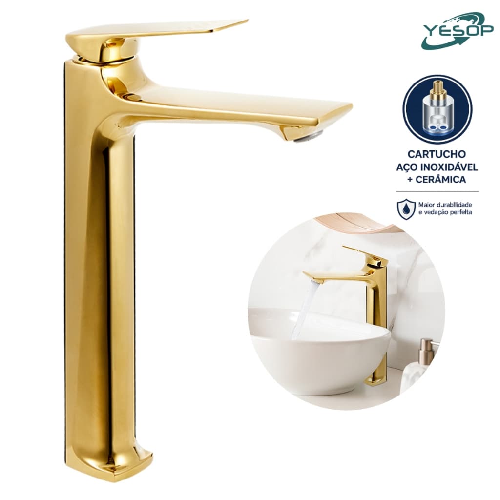 Torneira Banheiro Monocomando Bica Alta Inox 304 Luxo Dourada Gold 30cm Quente e Frio Yesop