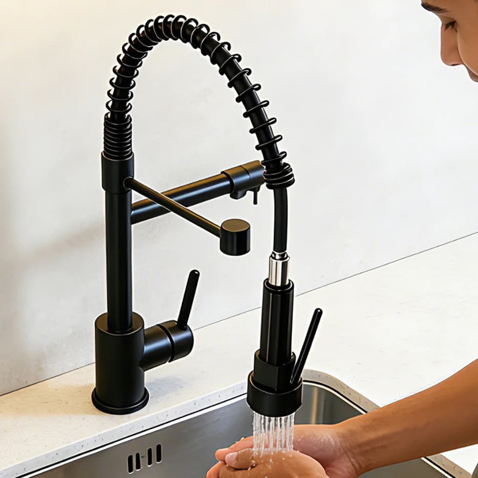 Torneira de cozinha gourmet preta com design de 360°, bico ajustável e acabamento em preto fosco.
