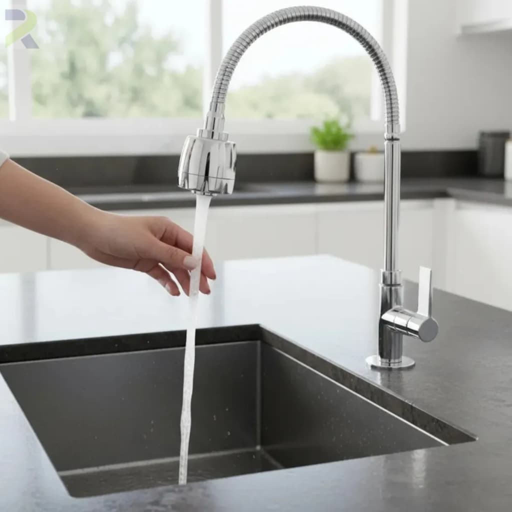 Torneira de cozinha gourmet flexível em aço inoxidável com água fluindo