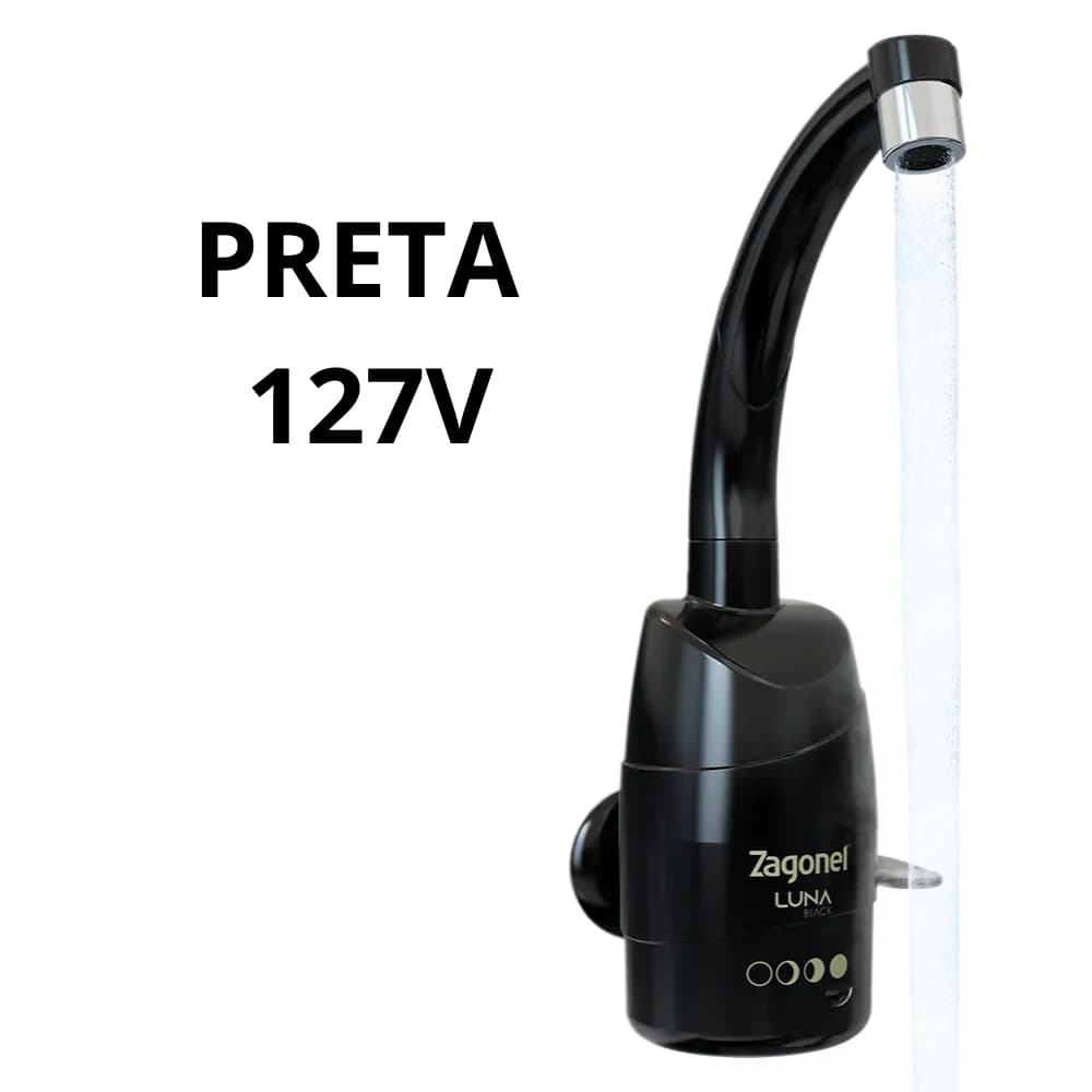 Torneira elétrica Luna Zagonel preta para cozinha, 127V, com controle de temperatura