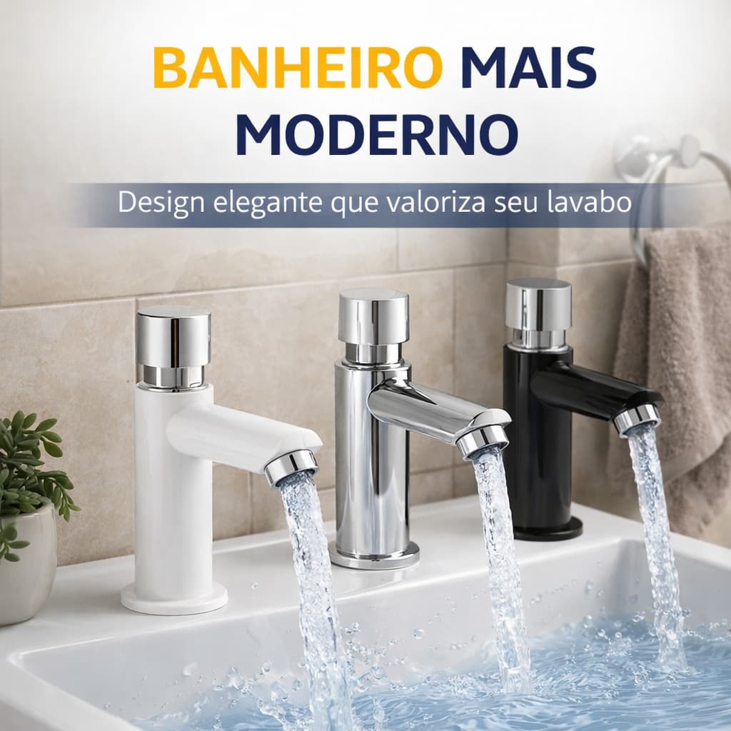 Torneiras temporizadas para banheiro em branco, cromada e preta com design moderno e elegante