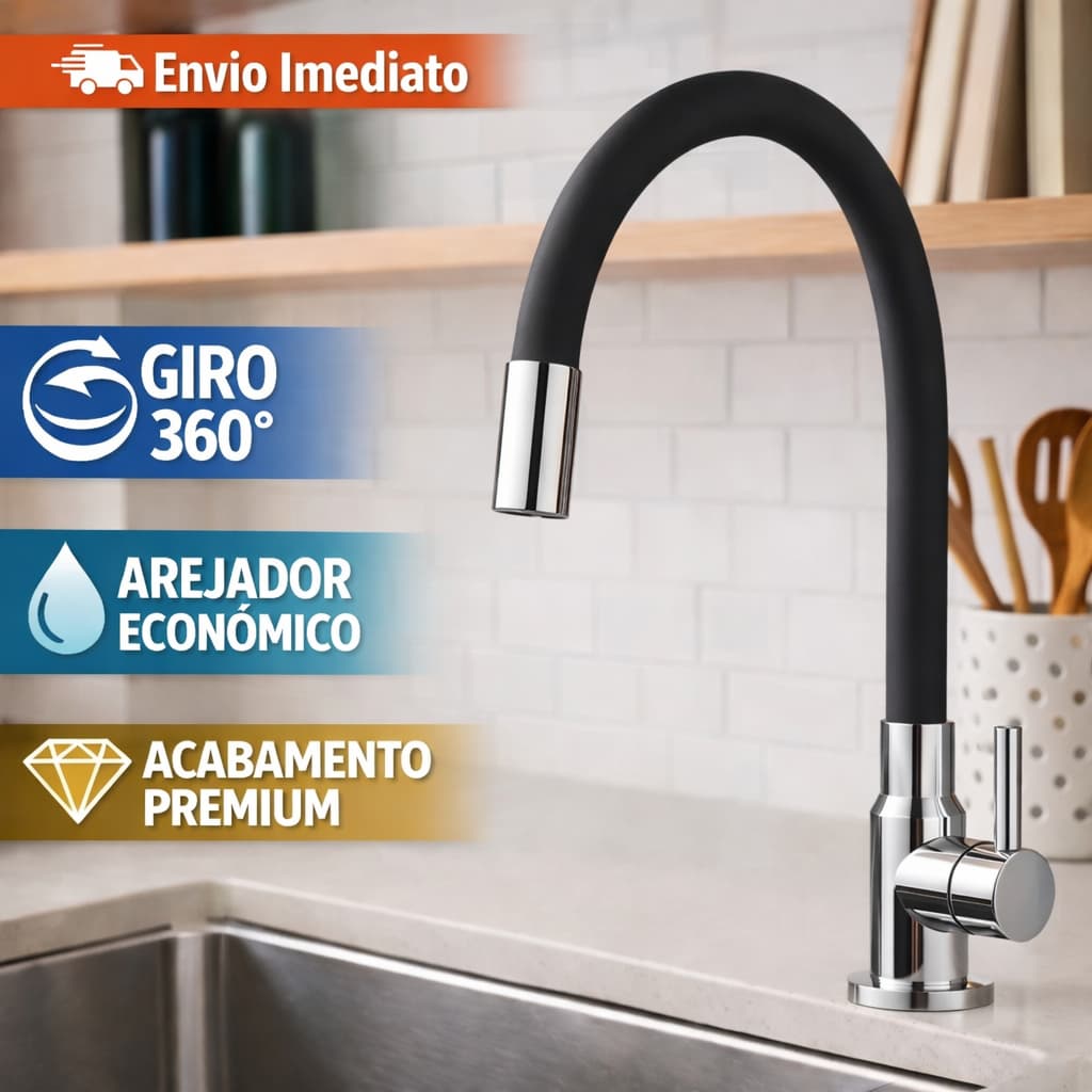 Torneira Gourmet Cozinha Flexível 360° Preta Bancada Mesa Silicone Com Arejador Alta Pressão