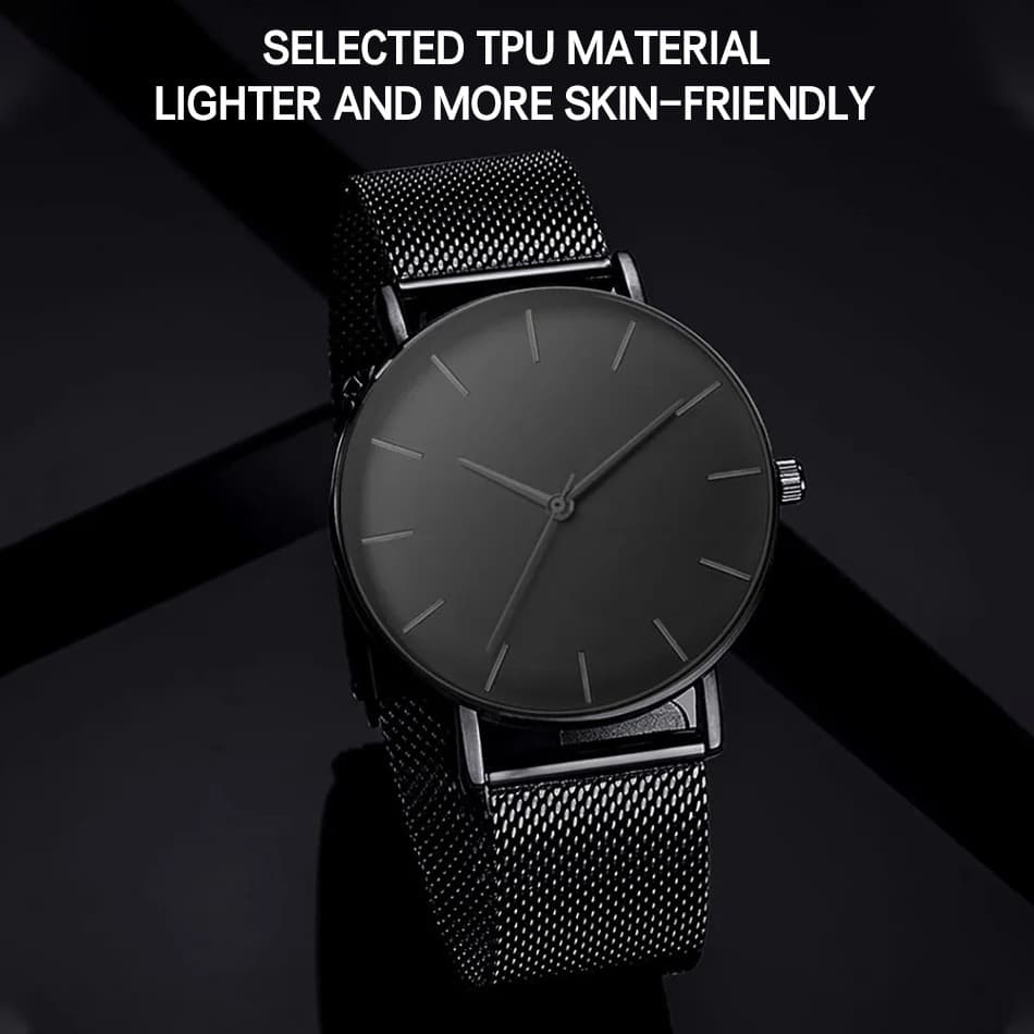 Relógio Unissex Preto Minimalista - Pulseira de Aço, Design Slim, Elegante para Uso Diário