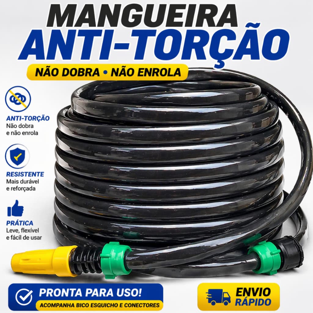 Mangueira de jardim preta anti-dobras com esguicho regulável e conectores, resistente e prática.