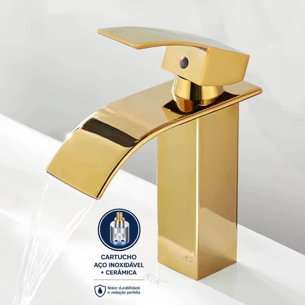 Torneira de banheiro luxuosa em ouro, design cascata, bica baixa, núcleo de cobre, monocomando