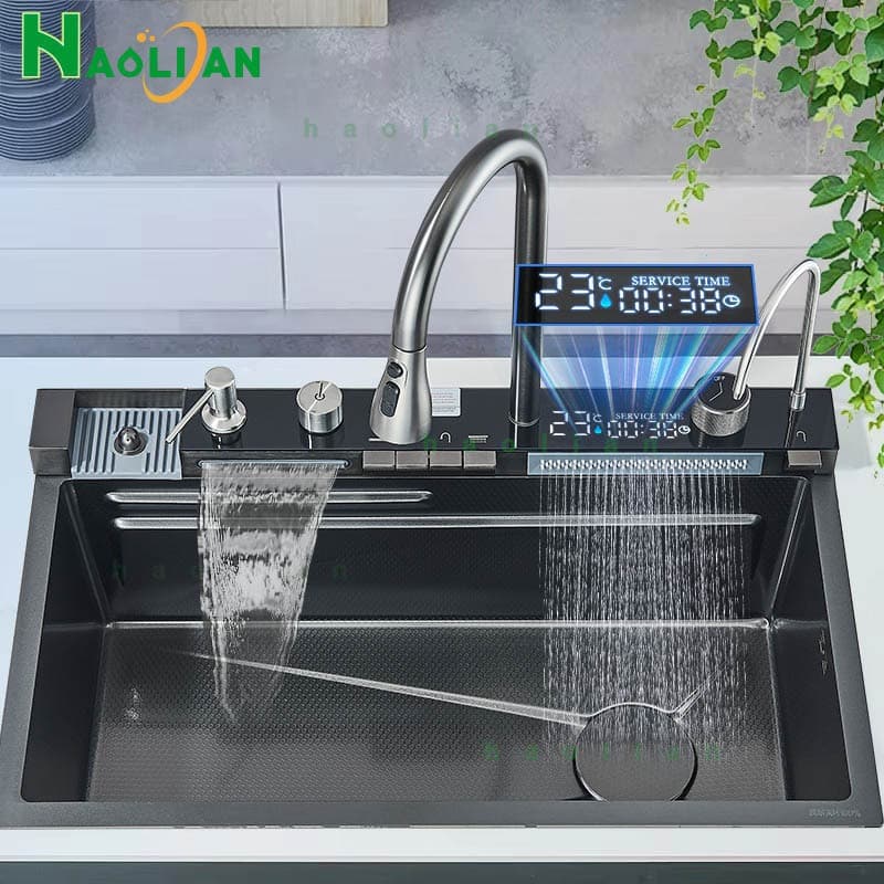 Torneira de cozinha gourmet com display digital de temperatura e tempo de serviço