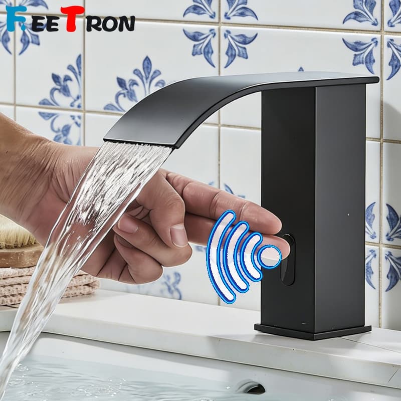 Torneira automática de banheiro preta com sensor de toque e design cascata