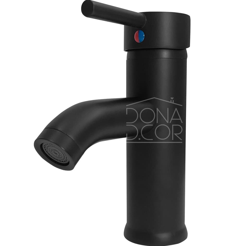 Torneira preta baixa para banheiro em aço inox 304 com monocomando e bica redonda, fundo branco