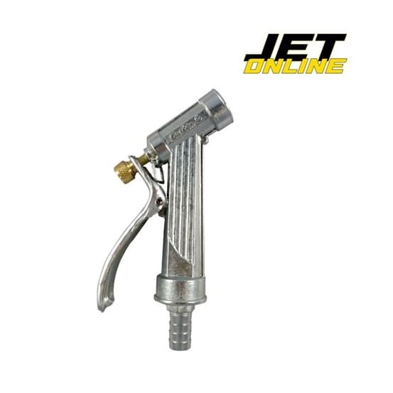 Esguicho de jardim tradicional em metal, 1/2 polegada, design de revólver, branco de fundo.