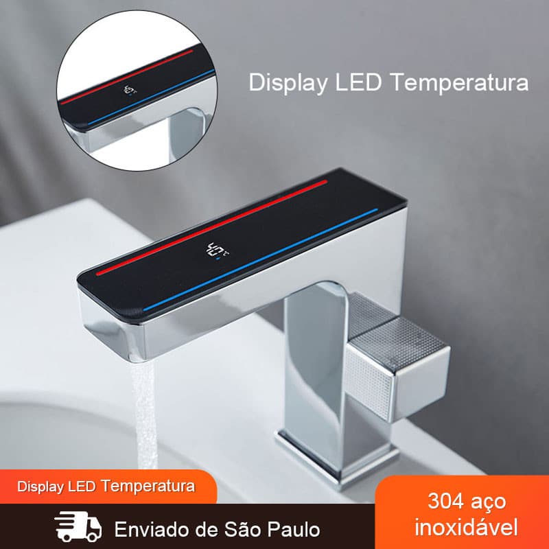 Torneira De Banheiro quadrado Com Display LED Temperatura Água Quente/Fria Bancada Misturadora  Rotação de 360°