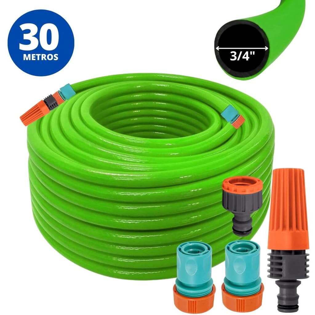 Mangueira De Jardim 30m Metros + Esguicho C/ Jato Regulável + Engate Rápido 3/4" e 5/8" + Bico Torneira Engate Rápido